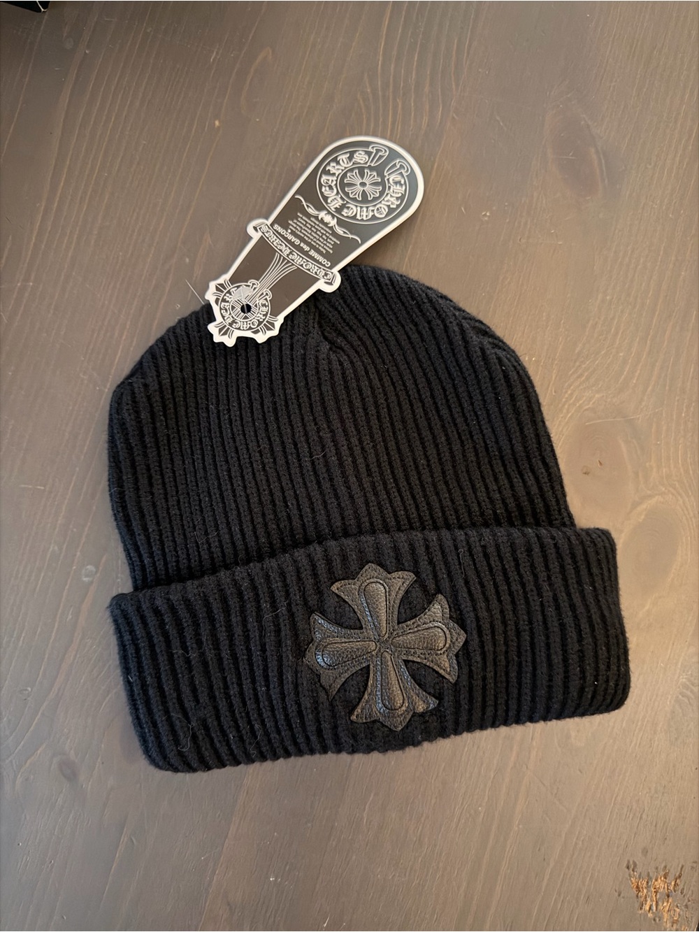Chrome Hearts Black Ribbed Beanie with Leather Cross Patch